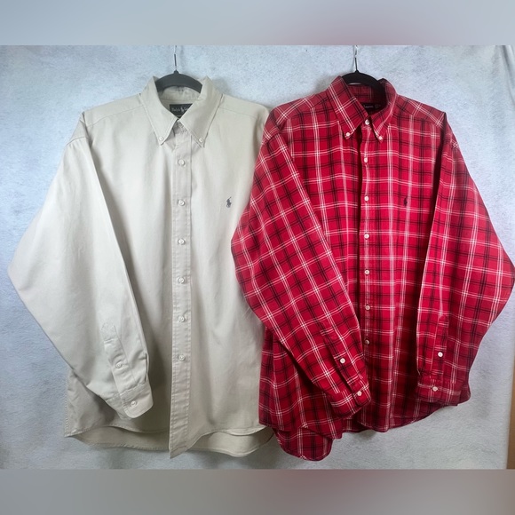 Lot Of 2 Polo Ralph Lauren Blaire Flannel Red Plaid Khaki Blake Shirt Size L D21 - Picture 1 of 15